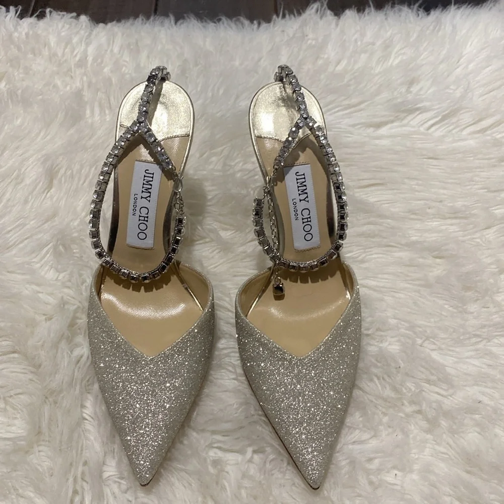 New Jimmy Choo Saeda 100 Platinum Ice‎ dusty glitter pumps size 38EU